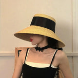 Daiiibabyyy  Summer Seaside Big Brim Straw Hat Women's Vacation Beach Sun Hats Bow Ribbon Wide Brim Wheat Straw Flat Top Boater Hat
