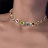 Daiiibabyyy  Sparkly Colorful Rhinestone Choker Necklaces Geometric Round Square Crystal Chain Necklaces for Women Bridal Wedding Jewelry