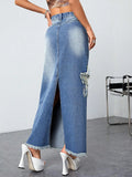 Daiiibabyyy Vintage Slit Denim Skirts Women Casual Chic American Style Baggy High Waist Trendy Streetwear Skirts