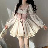 DAIIIBABYYY  -  Fresh Sweet Lolita Summer New Spliced Square Collar Bow Drawing Floral Fashion Solid Elegant Casual Long Sleeved Dresses