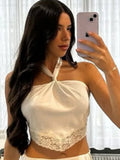 Daiiibabyyy  White Satin Lace Patchwork Set Women Chic Halter Crop Top Slit Mini Skirt Sleeveless Slim 2 Piece Suit Lady Party Daily Outfit