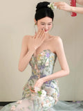 Daiiibabyyy  Floral Mermiad Long Wedding Dresses Women Elegant Strapless Sleeveless Formal Birthday Evening Party Dress Customized Prom Gowns