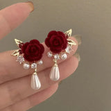 Daiiibabyyy  Wine Red Imitation Velvet Rose Pearl Earrings for Women Vintage Red Rose Elegant High-end Studs Earrings Jewelry Accessories