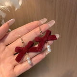 DAIIIBABYYY  -  Women New Year Christmas Wine Red Velvet Bow Earrings Korean Fashion Girls White Plush Ball Dangle Earring Jewelry Gift