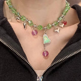 Daiiibabyyy  Mint Green Crystal Bead Necklace for Women Luxury Delicate Charm Sweet Heart Pendent Necklace Trendy Versatile Jewelry Wholesale