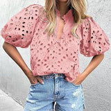 DAIIIBABYYY  -  Half Lantern Sleeve Fashion Tops, Women Summer Loungewear Solid Hollow Out Blouses, Ruffled Elegant Ladies Pullover Shirts