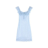 Daiiibabyyy  Hotsweet Blue Plaid Square Collar Mini Dress Women's Clothing Short Sleeve Summer Fashion Lace Spliced Drawstring A-Line Dresses