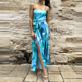 Daiiibabyyy  Elegant Sleeveless Waist Long Romper Fashion Pattern Print Split Suspenders Playsuit Sexy Off Shoulder Tie-Up Bohe Jumpsuit