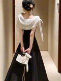Daiiibabyyy  Princesscore Coquette Dress Women Black White Colorblock Bowknot Cowl Neck High Waist Slim Fit Maxi Dress Elegant Party Outfit