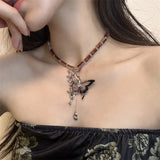 DAIIIBABYYY  -  Hot Girl Butterfly Tassel Pendant Necklace Women's Retro Maillard Handmade Beaded Clavicle Chain
