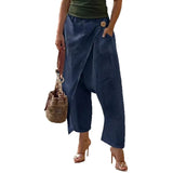 Daiiibabyyy  Women's Baggy Pants Cotton Linen Harem Trousers High Waist Wide Leg Pants Wrap Front Cropped Solid Color White Olive Green Pants