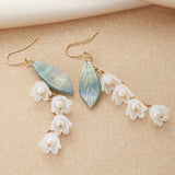 Daiiibabyyy  White Tulip Green Leaves Drop Earrings for Women Pearly Lustre Flower Shape Long Tassel Trendy Earrings Y2K French Romantic
