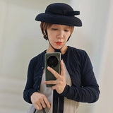 Daiiibabyyy  French Style Small Top Felt Hat Ribbon Band Black Fedora Hat for Women Bow Fascinator Tea Party Wedding CockTail Headpiece