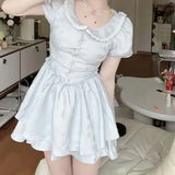 Daiiibabyyy  Fashionable French Doll Collar Mini Dress Princess Waist Cinched Tea Break Retro Skirt Short Puffy Skirt Sweet Summer Dress