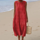 DAIIIBABYYY  -  Vestidos Mujer Casual Round Neck Vacation Dress Spring Print Pocket Pleated Long Dress New Summer Sleeveless Tank Womens Dresses