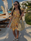 Daiiibabyyy  Elegant O-neck Sleeveless Ruffle Trim Dress Fashion Yellow Floral Printed Mini Dress For Women Lady Beach Holiday Vestidos