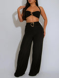DAIIIBABYYY  -  Solid Slimming Two Piece Sets for Women Strapless Sleeveless Short Tops High Waist Spliced Metal Pants Chic Set Female New