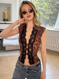 Daiiibabyyy  Women Elegant Leopard Print Lace Top Fashion V-neck Sleeveless Single-breasted Slim Cropped Tops Summer Ladies Streetwear