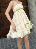Daiiibabyyy  Summer French Prairie Chic Slash Neck Lace-up Polka Dot Print Bow Backless Short Dresses