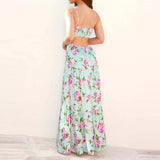 Daiiibabyyy  Flower Print Hollow Suspender Long Dress Fashion Women Off Shoulder Pleated Bohemian Dress Vacation Backless Summer Casual Dress