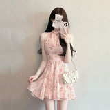 DAIIIBABYYY  -  2025 New Pure Desire Style Chic Pink Niche Sleeveless First Love Dress Patchwork Hanging Neck Floral Sweet