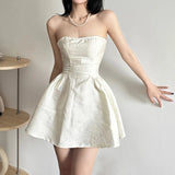 Daiiibabyyy Summer Harajuku Strapless Dress Solid Casual A-Line High Dress Waist Loose Printing Slash Neck Short Mini Dresses Woman