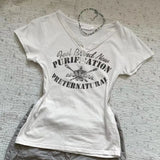 Daiiibabyyy  Letter Print V Neck T-shirt Short Sleeved Women Summer Design Sense Slim Fit Slimming Top Girl Ins Trend
