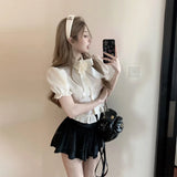 DAIIIBABYYY  -  Preppy Bow Shirts Women Fashion Streetwear Cropped Puff Short Sleeve Blouses Summer Y2K Gyaru Korean Design Slim Tops New