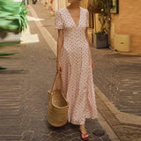 Daiiibabyyy  Fashion Hight Wasit Party Women Dress V-neck Short Sleeve Seaside Vacation Dress Elegant Polka Dot Printed Bohemian Long Dress