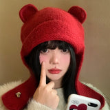 DAIIIBABYY  -  Retro New Year's Red Cute Bear Ears Balaclava Hats for Women Autumn Winter Casual Warm Fashion Versatile Knitted Beanies Y2k