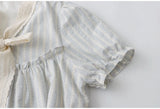 DAIIIBABYYY  -  Sweet Girl Lace Spliced Bow Vertical Striped Short-sleeevd Shirts + Summer High Waist Fungus Edged Short Skirts Two-piece Set