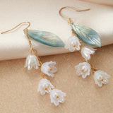 Daiiibabyyy  White Tulip Green Leaves Drop Earrings for Women Pearly Lustre Flower Shape Long Tassel Trendy Earrings Y2K French Romantic