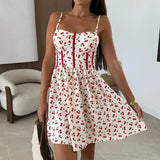 Daiiibabyyy  Fashion Print Sleeveless Suspenders Dress Women Elegant Off Shoulder Pleated Slim Mini Dress Casual Backless Sweet Party Dress