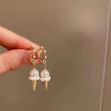 Daiiibabyyy  Ice Cream Cone Earrings Exquisite Fashion Imitation Pearl Temperament Versatile Sweet Personality Earrings Women's Jewelry