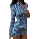 Daiiibabyyy  Summer New Style Shirt Collar Long Sleeve Single Button Short Skirt Set Women's Business Casual Polyester Fiber Dress