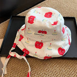 DAIIIBABYYY  -  Y2K Cute Apple Print Bucket Hats for Women Spring and Summer New Korean Outdoor Leisure Sunscreen Versatile Strap Sun Hat