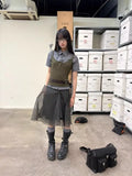 Daiiibabyyy  Japanese Vintage Fashion Plaid Mesh Skirts Women Chic Bow Y2k Elegant Mid Skirts Harajuku Lace Up Short Korean Popular Clothes