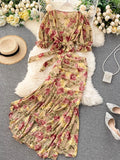 DAIIIBABYYY  -  Bohemian Pink/Blue Floral Print Chiffon 2pcs Set Women Summer Bandage Short Tops + High Waist Mermaid Skirt Female Sets