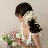 Daiiibabyyy  Women's Scrunchies Korean Version Hair Tie Beige Polka Dot Lace Hair Circle Sweet Hair Circle Elegant Hair Rope Hair Accessories