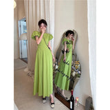 DAIIIBABYYY  -  Green Dress for Women Puff Sleeve Hollowed-Out Pleated Dresses Slimming Korean Fashion Hot Girls A-line Skirts Preppy Clothes
