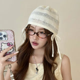 Daiiibabyyy  Ins Cute Bow Strap Knitted Beanies Cap Y2K Spring and Autumn Travel Thin Breathable Versatile Casual Sweet Woman's Hats