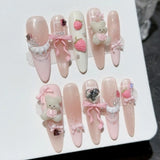 Daiiibabyyy  10pcs Shimmry Gold Cat's Eye Press On Nails Peach Pink French Pearl Skirt Hem Bowknots Handmade False Nail Long Almond Fake Nail