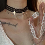 Daiiibabyyy  New Lace Cross Pendant Necklace for Women Punk Metal Butterfly Tassel Choker Necklace Y2K Halloween Jewelry Accessories ﻿