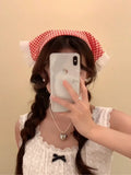 Daiiibabyyy Korean Dopamine Summer Red Blue Checkered Lace Triangle Headscarf for Woman Girls Headwear Scarf Headband Hair Accessories