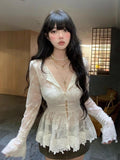 Daiiibabyyy  Streetwear Lace Floral Shirts Women Fashion Sexy Sheer V Neck Blouses Summer Ladies Korean Flare Long Sleeve Design Tops