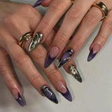 Daiiibabyyy  24PCS Purple French False Nails with Glue Metallic Silver 3D Designs Almond Press on Nails Full Cover Sweet Cool Wearable Nails