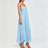 Daiiibabyyy  Elegant Lace Embroidery Splice Party Dress Lady Fashion Sleeveless Pleat Solid Long Dress Sexy Off Shoulder Silk Suspender Dress