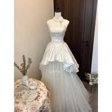 Daiiibabyyy  Simple Strapless Wedding Dresses Korea Satin Tulle Photo Shoot Ball Gowns Tiered Princess Floor-Length Bridal Gown Customized