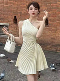 DAIIIBABYYY  -  Y2K Sweet Sexy Backless Solid Mini Dress Inclined-Shoulder Pleated Women's Dresses Beach Vacation Party Spring Summer 2025 New