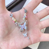 Daiiibabyyy  Gradient Blue Purple Butterfly Pendant Flower Hand Woven Rope Necklace Ethnic Style Vintage Jewelry Women Personalized Gifts